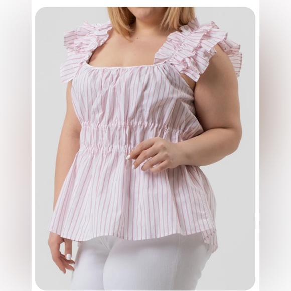 NWT HARSHMAN Alize Flutter Sleeve Top in White/Rose Pink Stripes. MSRP $225 - Picture 2 of 9
